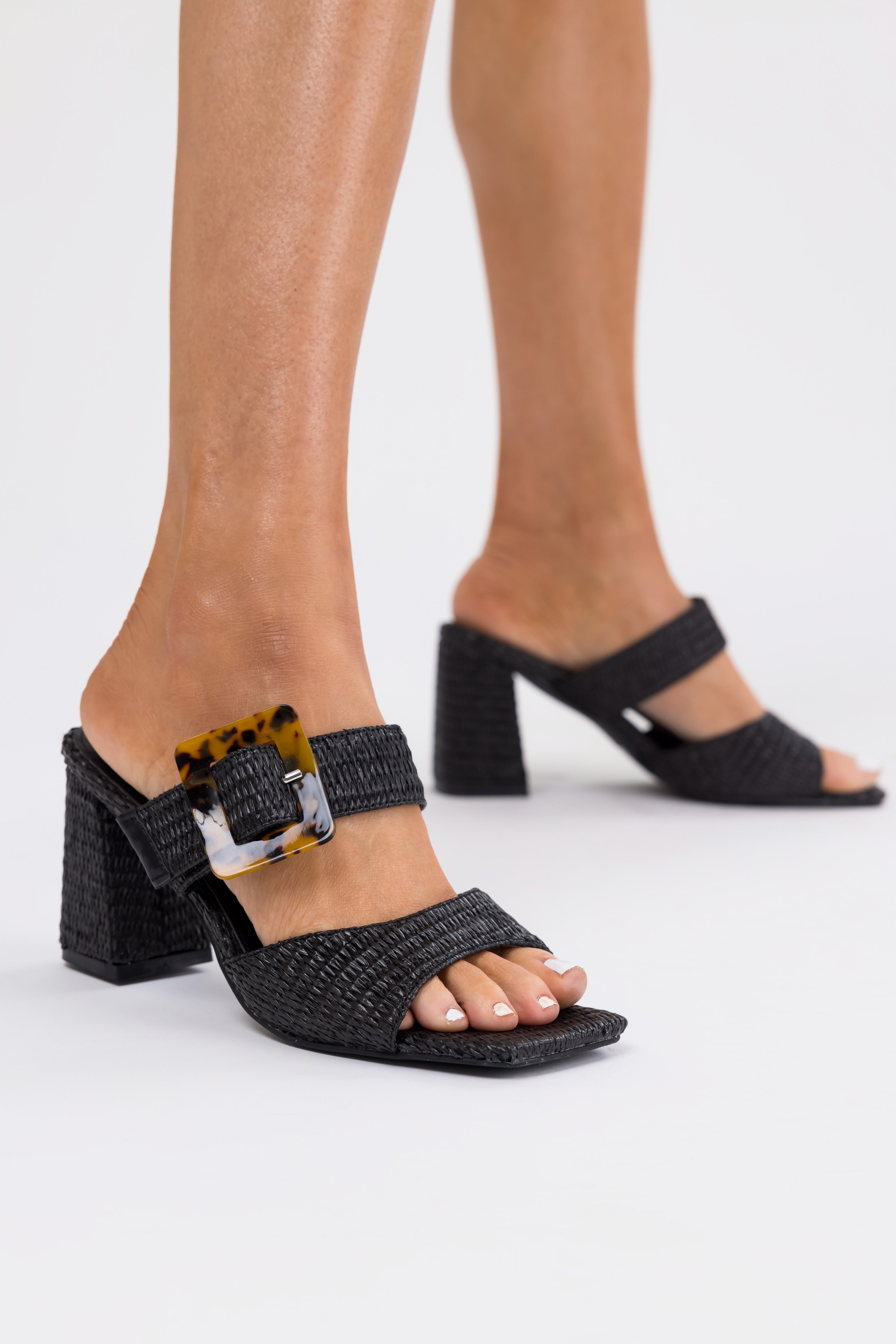 Black Woven Accent Buckle Strap Heels