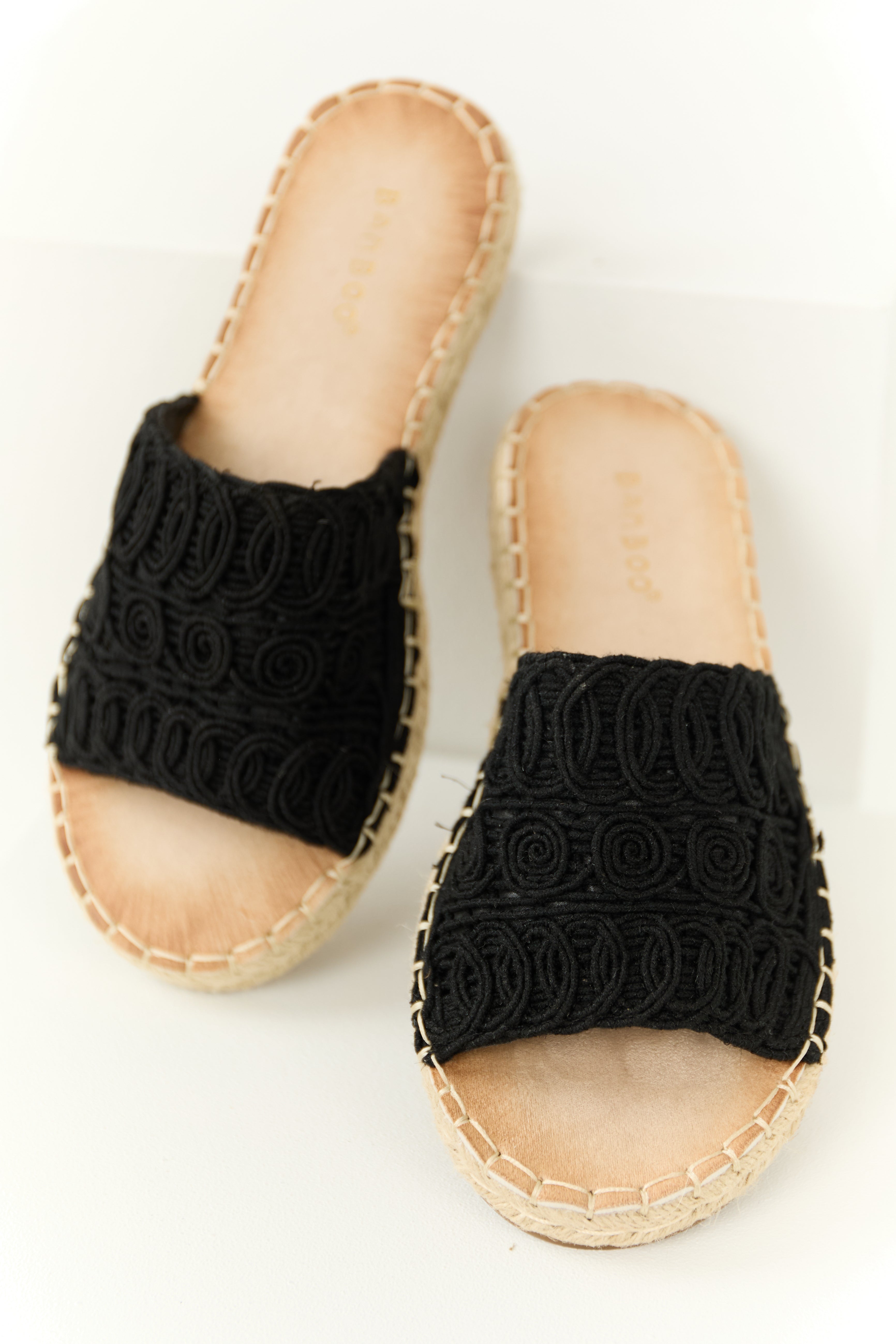 Black Woven Lace Espadrille Slide On Sandals