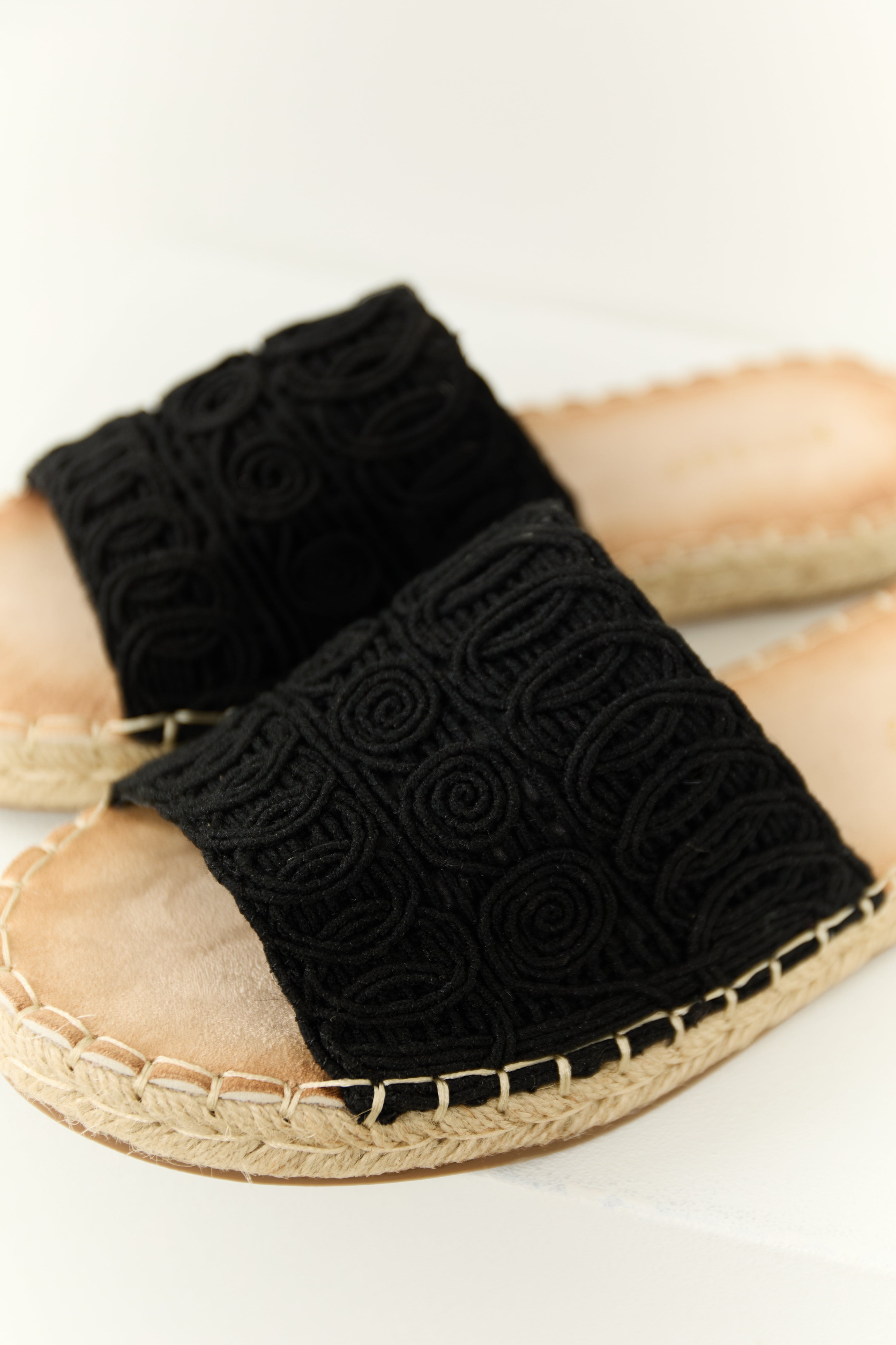 Black Woven Lace Espadrille Slide On Sandals