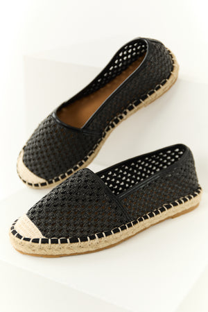 Black Woven Rounded Toe Slip On Espadrilles