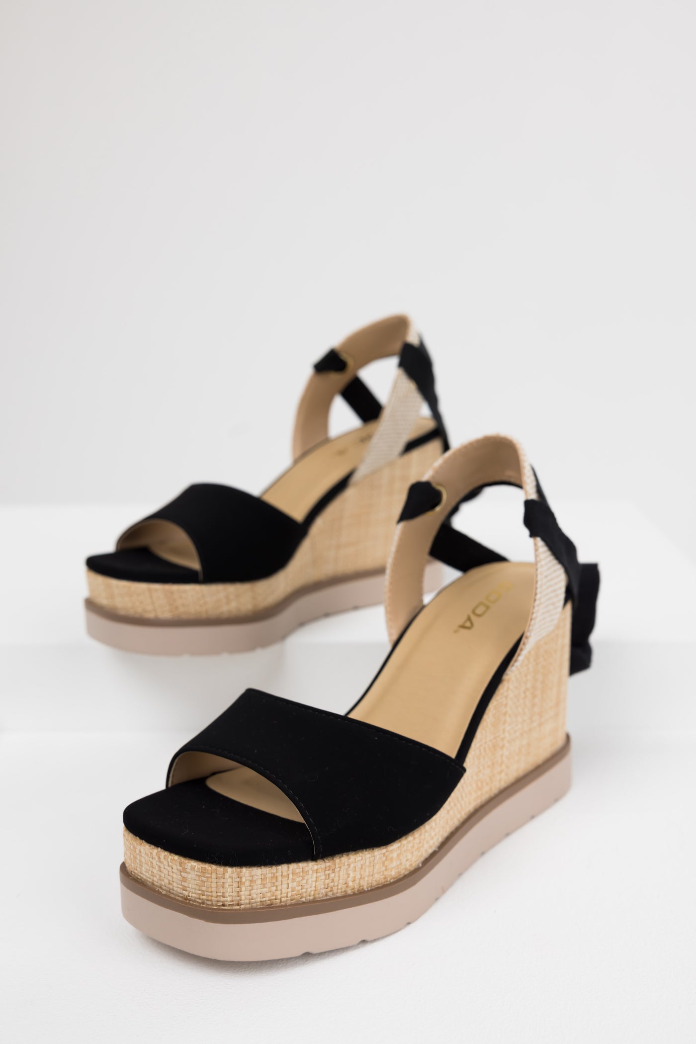 Black Wrapped Ankle Raffia Platform Wedges