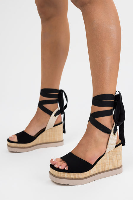 Black Wrapped Ankle Raffia Platform Wedges