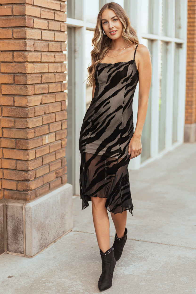 Black Zebra Overlay Fitted Midi Dress