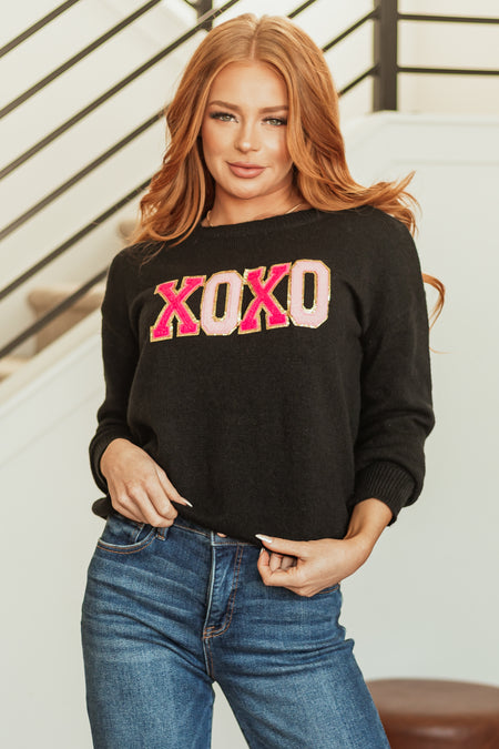 Black 'XOXO' Glitter Patch Long Sleeve Sweater