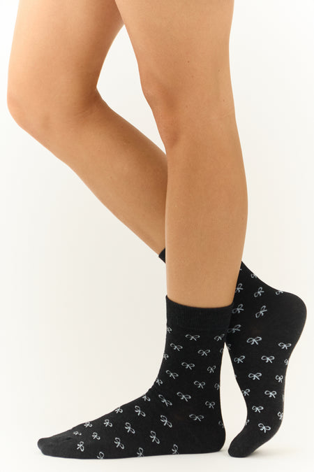 Black and Ivory Bow Print Crew Socks