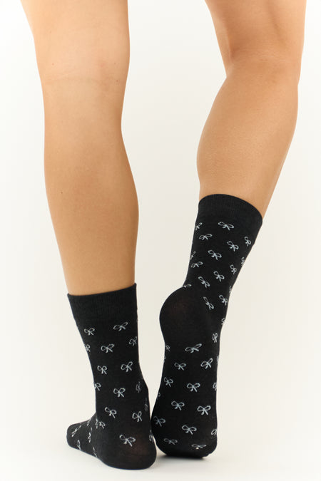 Black and Ivory Bow Print Crew Socks