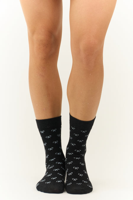 Black and Ivory Bow Print Crew Socks