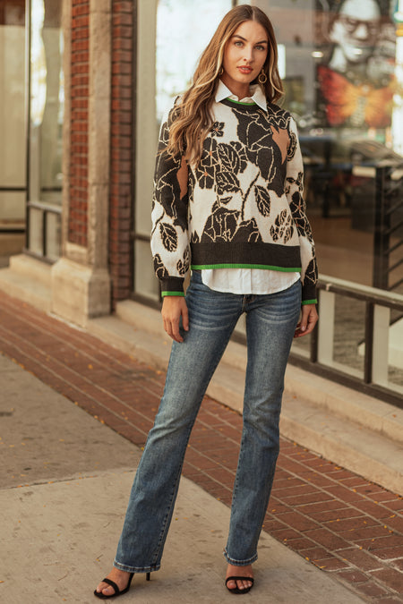 Black and Ivory Floral Print Knit Sweater