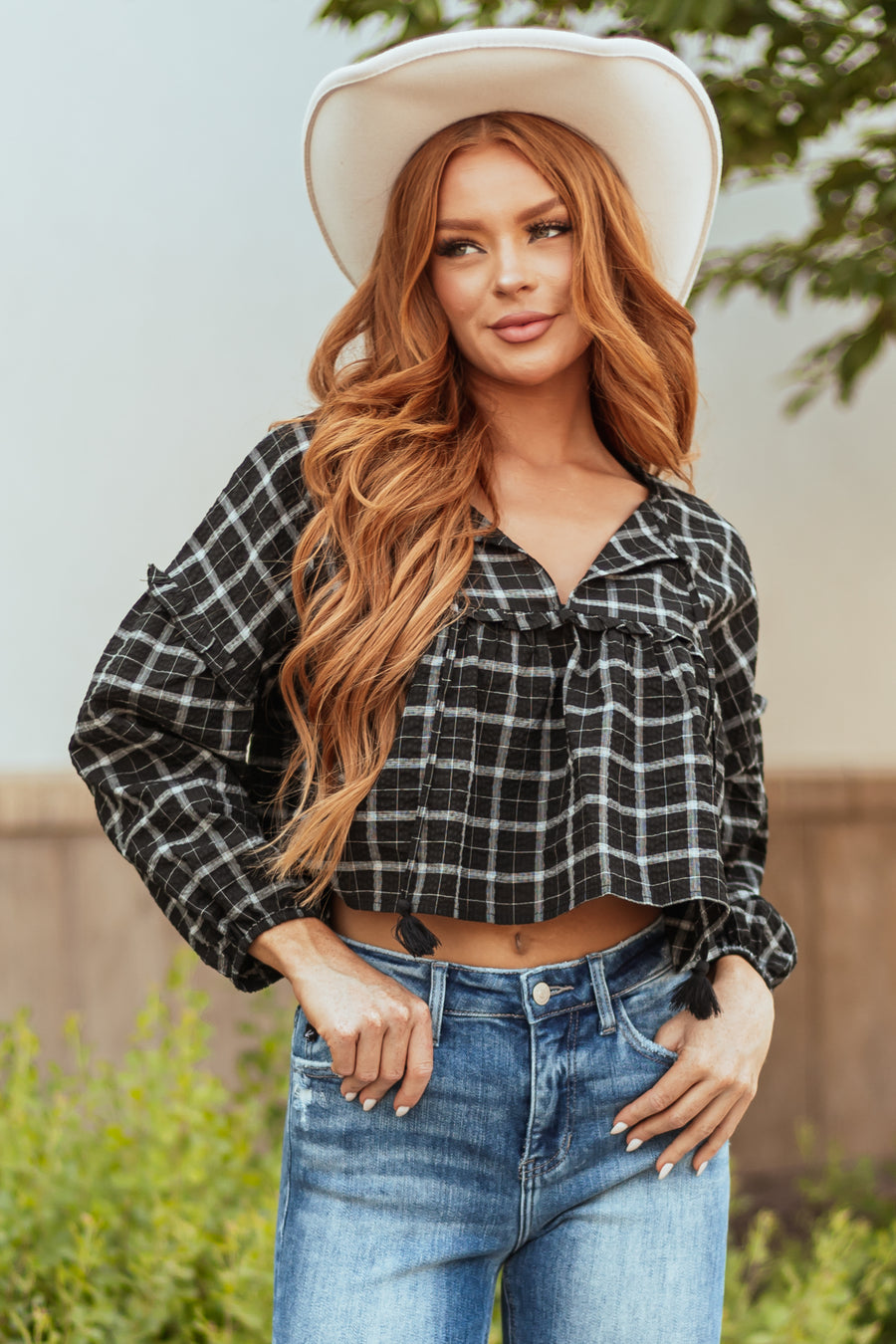 Black and Off White Plaid Long Sleeve Top