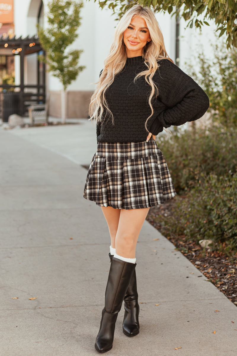 Black and Peanut Plaid Pleated Mini Skirt