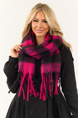 Black and Raspberry Buffalo Plaid Fuzzy Scarf