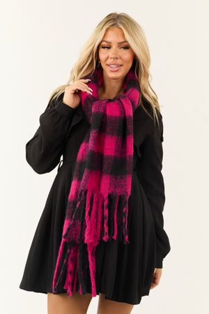 Black and Raspberry Buffalo Plaid Fuzzy Scarf