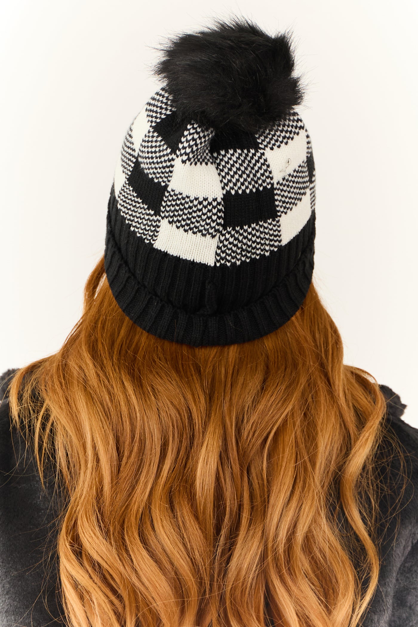 Black and White Checkered Knit Pom Pom Beanie