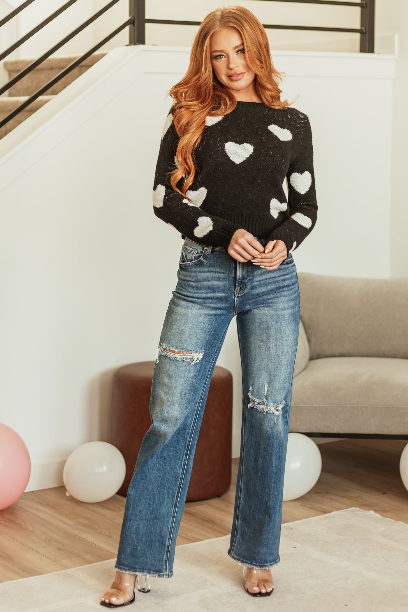 Black and White Slim Fit Heart Print Sweater