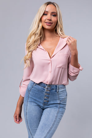 Blush Chest Pocket Collared Blouse