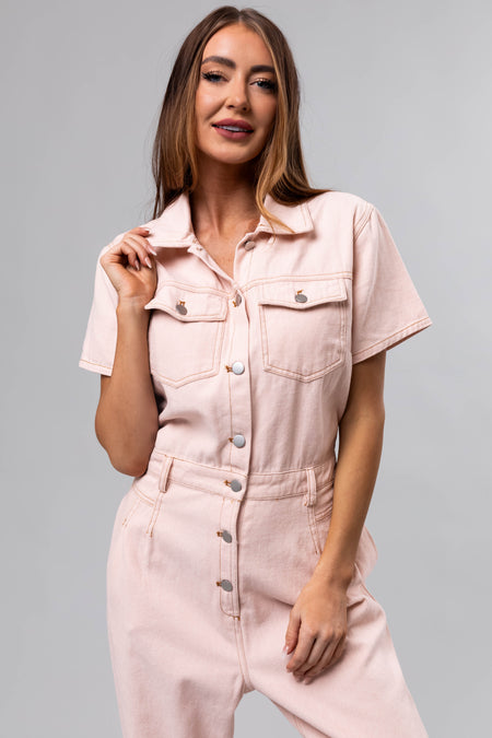 Blush Denim Button Up Short Sleeve Jumpsuit