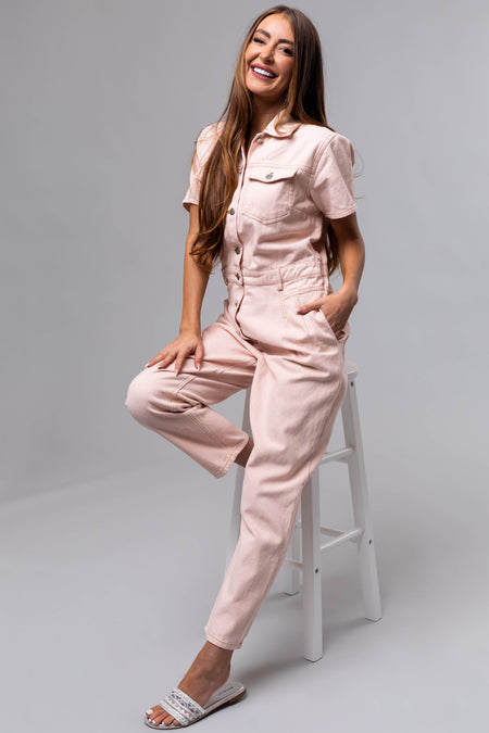 Blush Denim Button Up Short Sleeve Jumpsuit