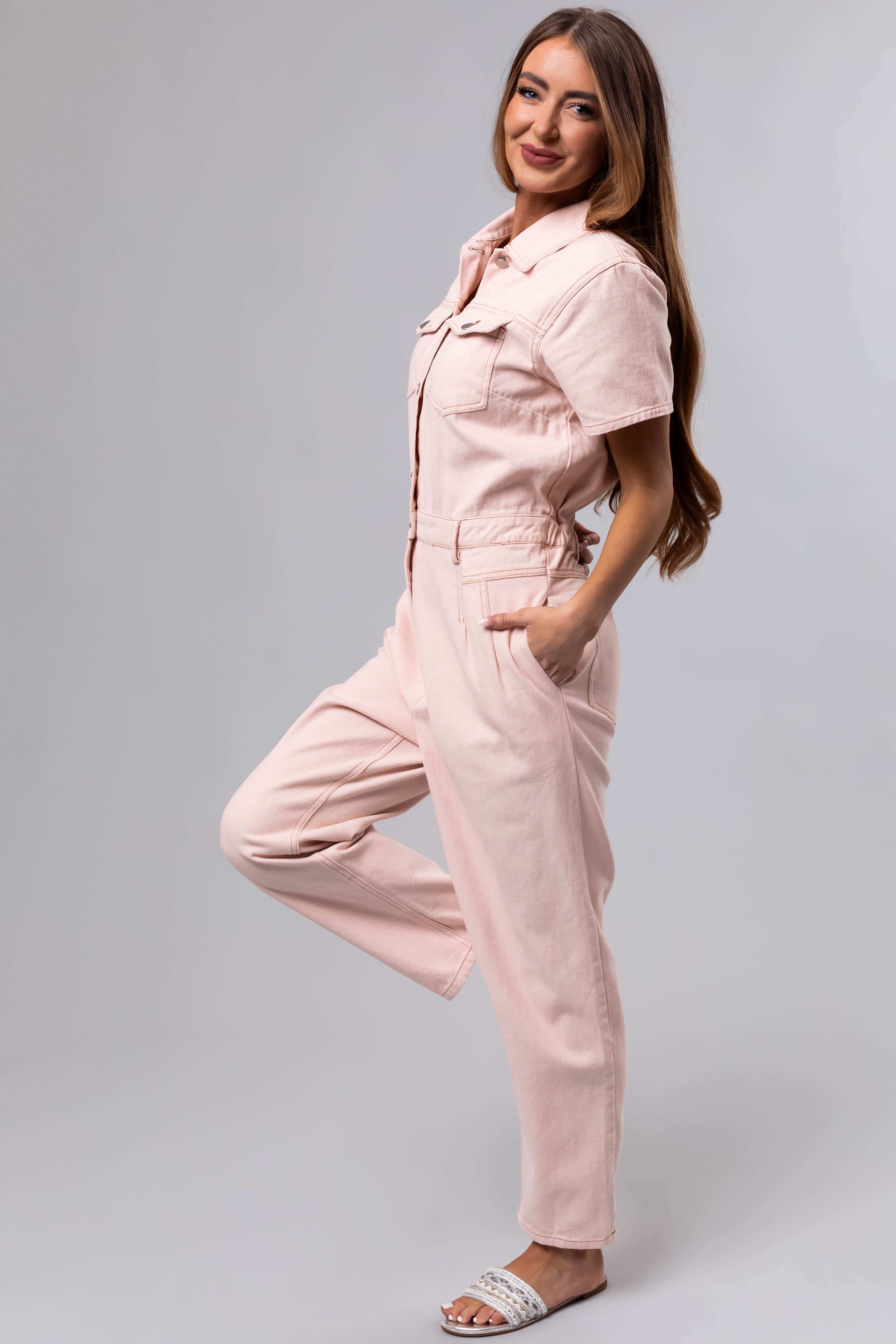 Blush Denim Button Up Short Sleeve Jumpsuit