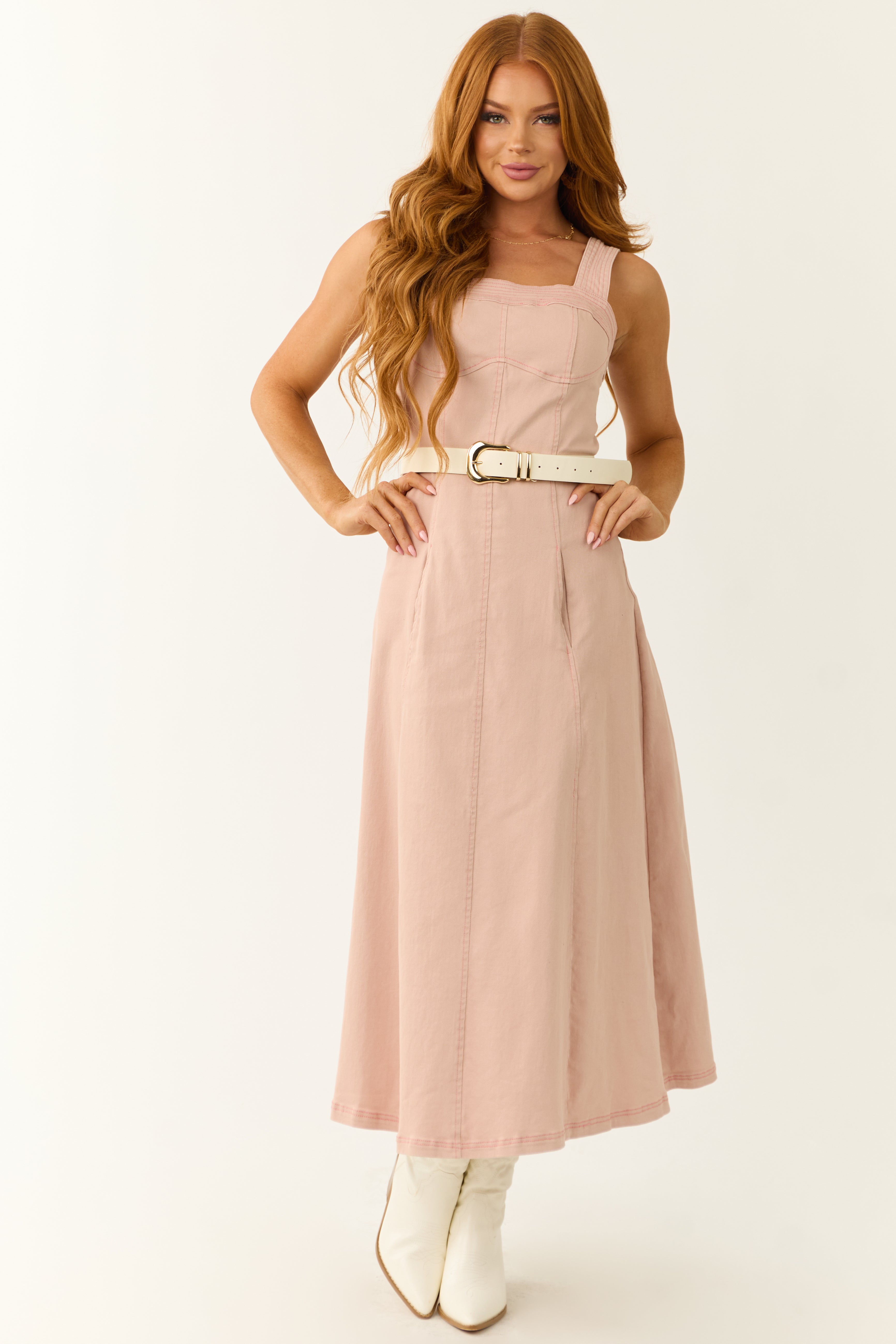 Blush Denim Thick Strap Midi Dress