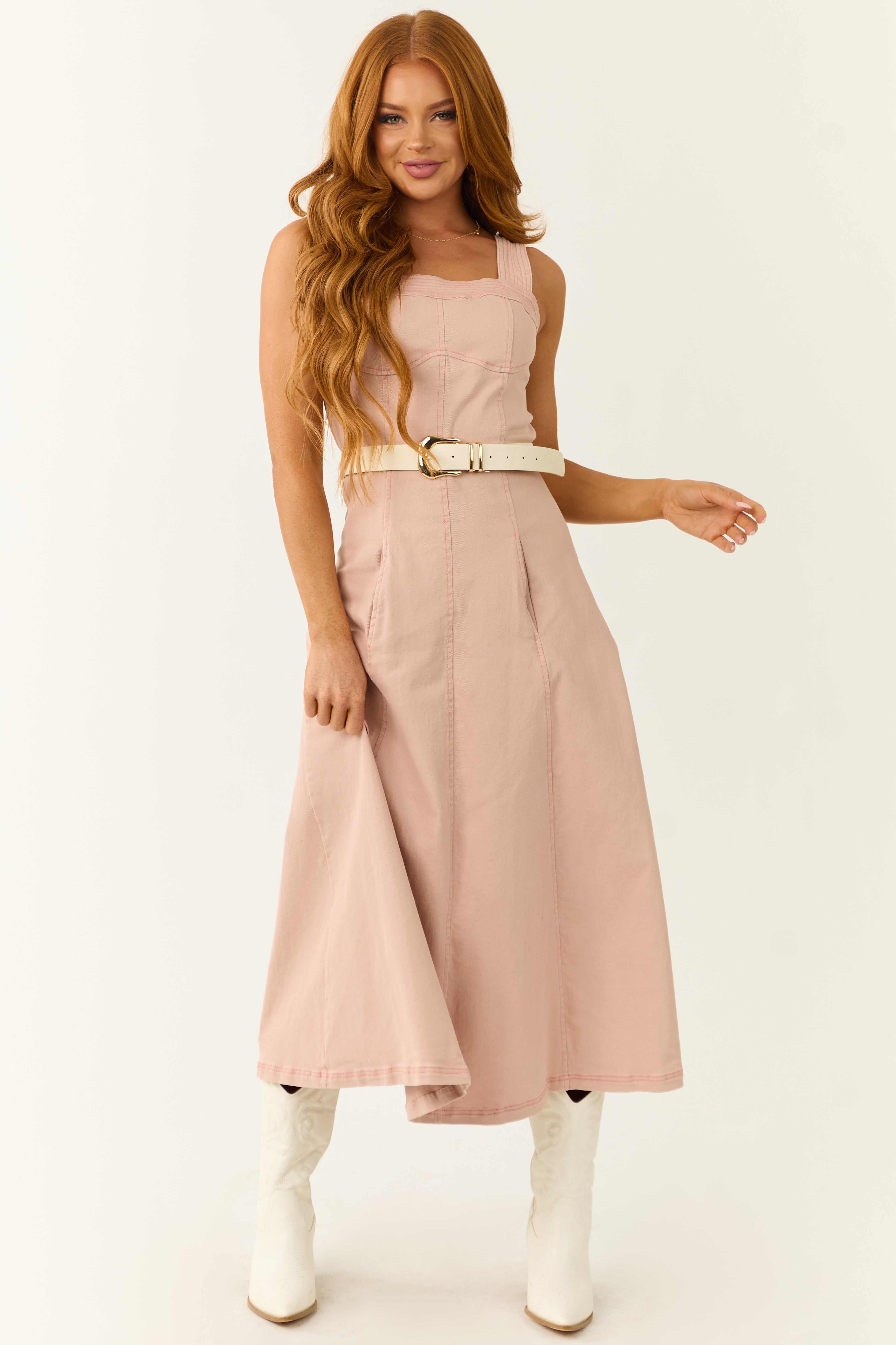 Blush Denim Thick Strap Midi Dress