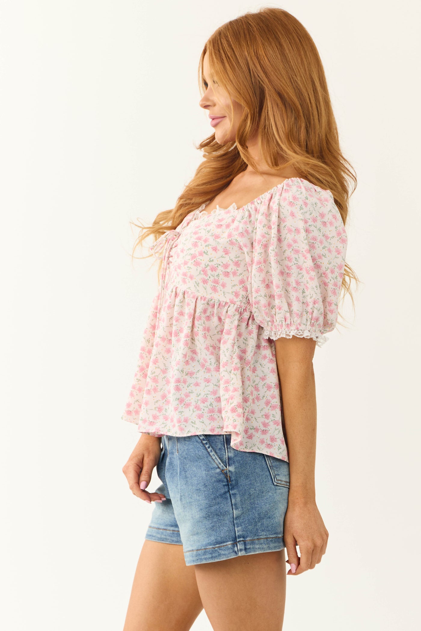 Blush Ditsy Floral Print Lace Trim Top