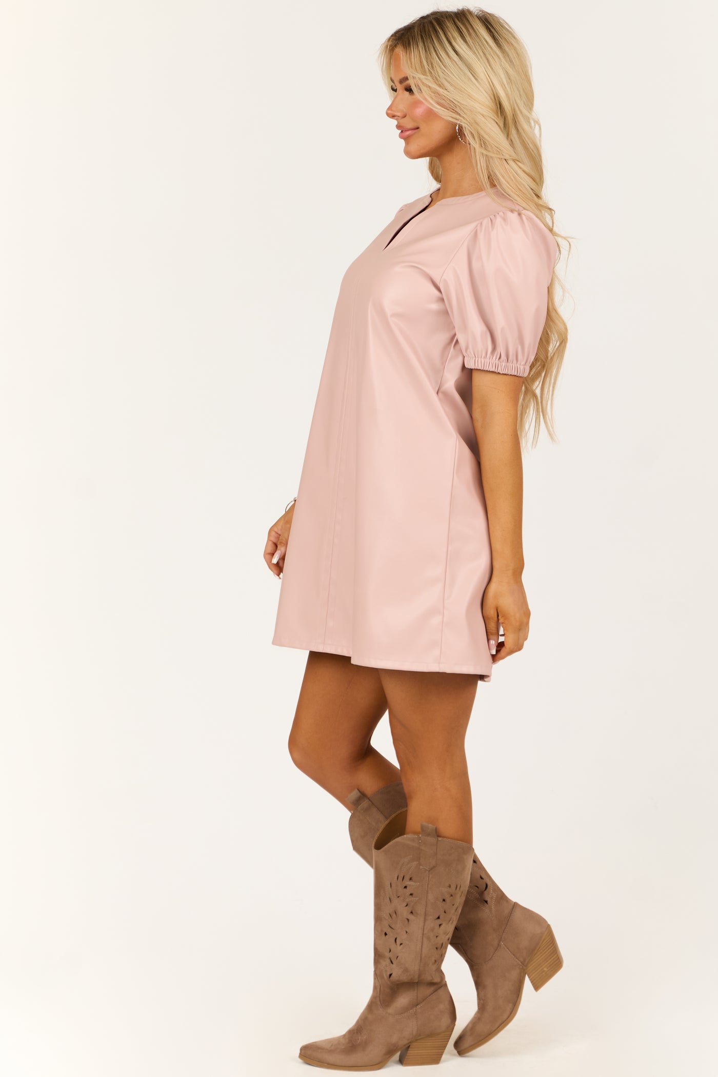 Blush Faux Leather Short Puff Sleeve Mini Dress