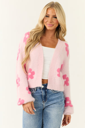 Blush Floral Print Open Front Textured Cardigan