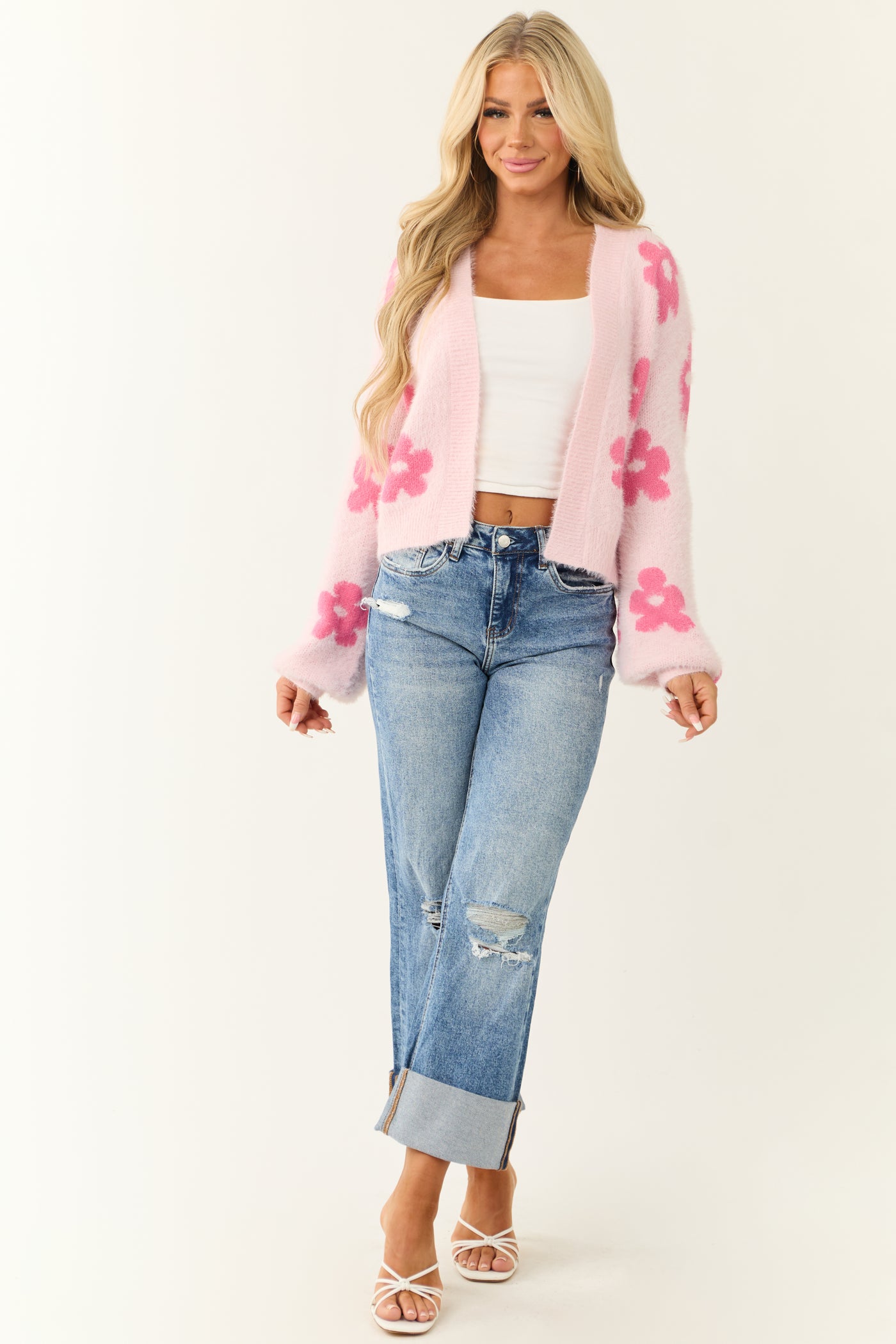 Blush Floral Print Open Front Textured Cardigan