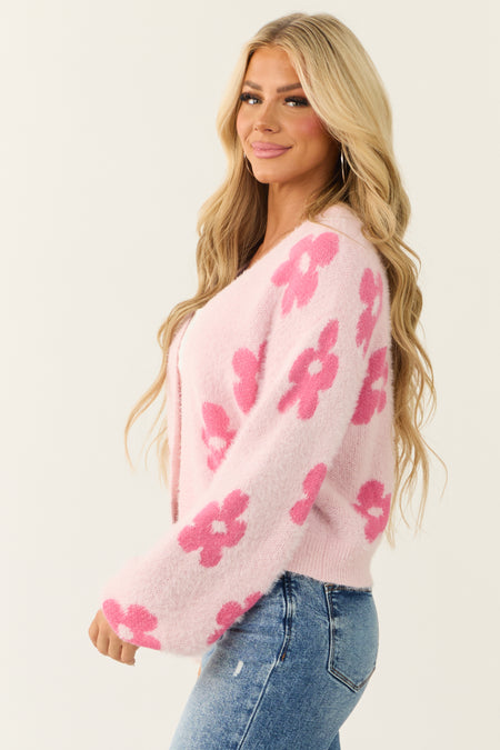 Blush Floral Print Open Front Textured Cardigan