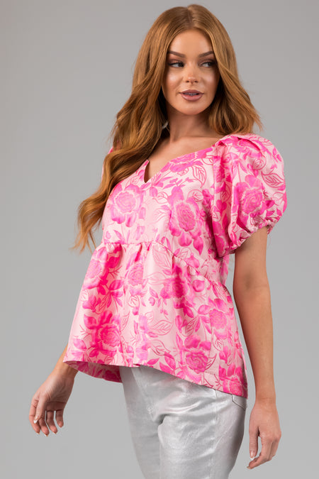 Blush Floral Print Puff Sleeve Babydoll Blouse