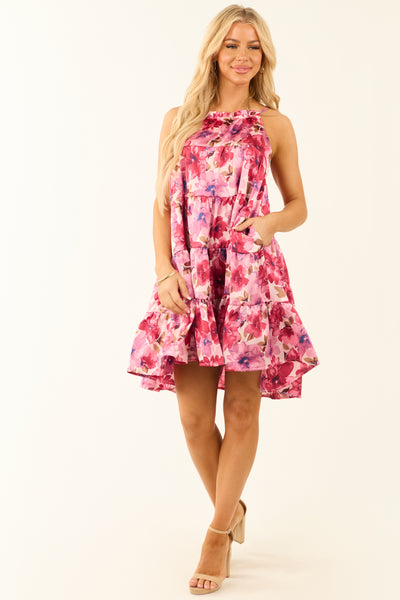 Blush Floral Print Satin Tiered Mini Dress