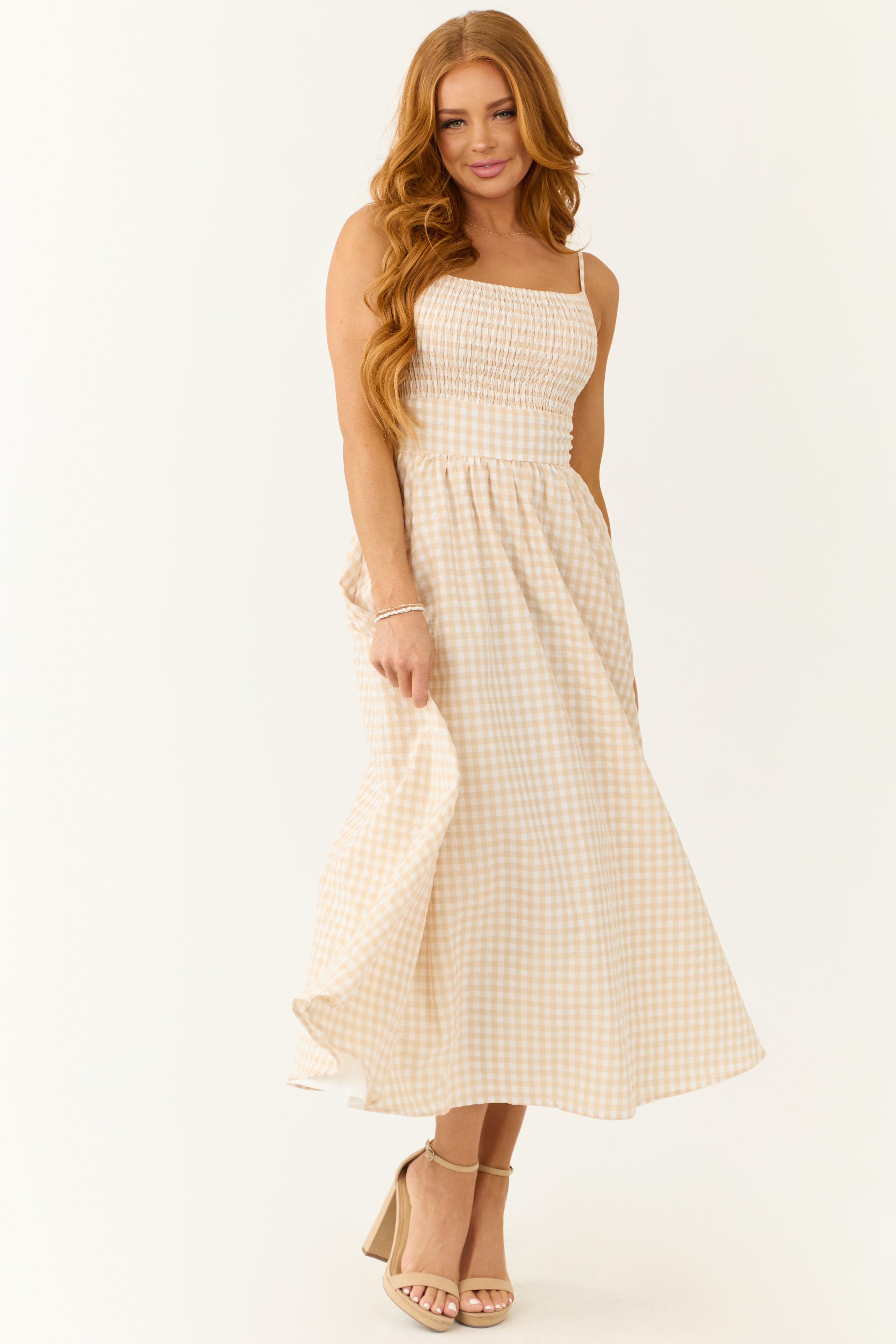 Blush Gingham Square Neck Sleeveless Midi Dress