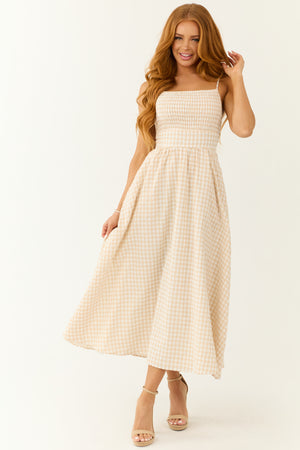 Blush Gingham Square Neck Sleeveless Midi Dress