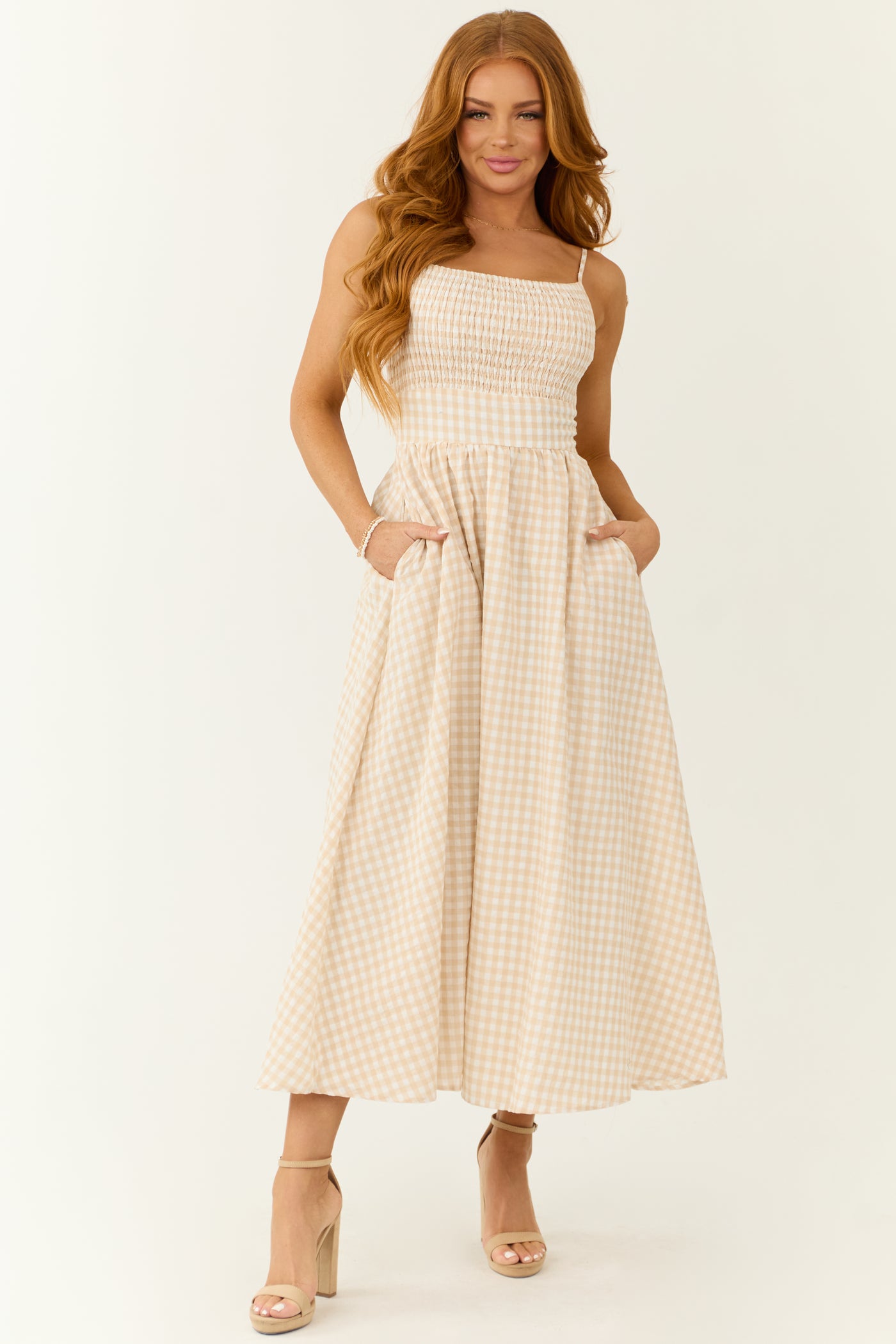 Blush Gingham Square Neck Sleeveless Midi Dress