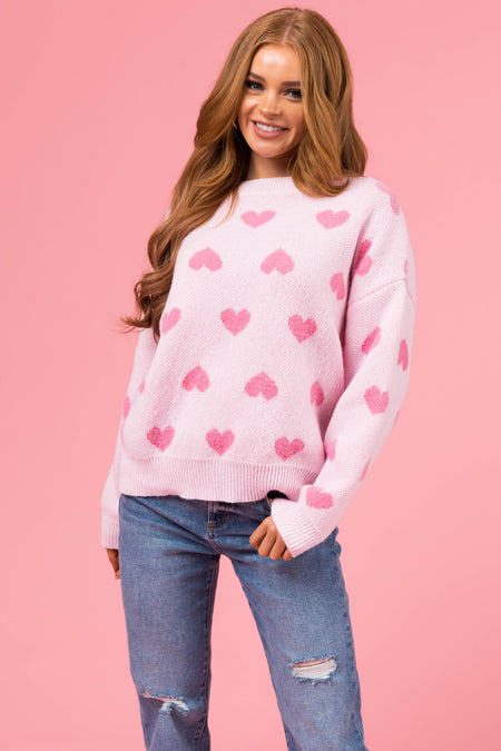 Blush Heart Print Cozy Thick Knit Sweater