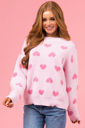 Blush Heart Print Cozy Thick Knit Sweater