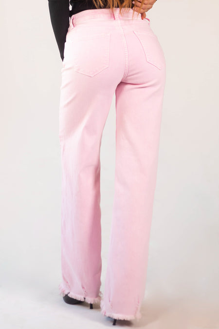 Blush High Rise Wide Leg Distressed Hem Jeans