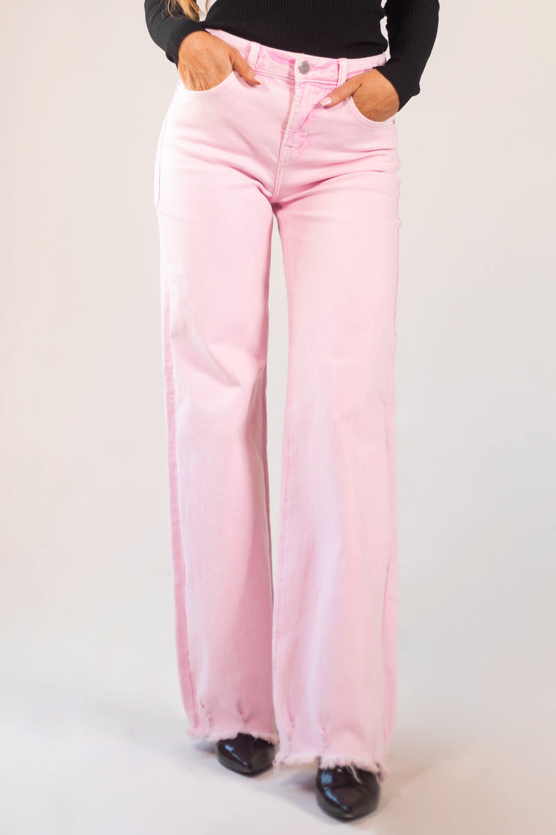 Blush High Rise Wide Leg Distressed Hem Jeans