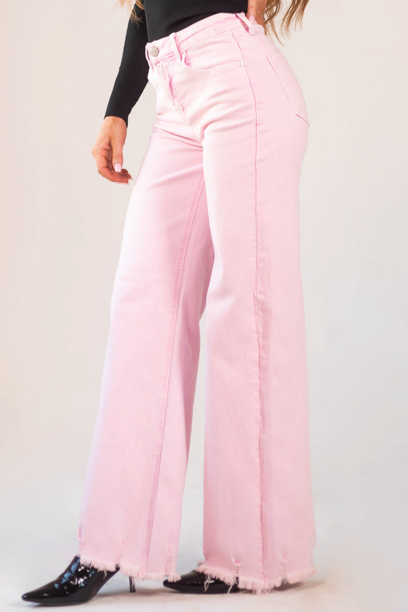 Blush High Rise Wide Leg Distressed Hem Jeans