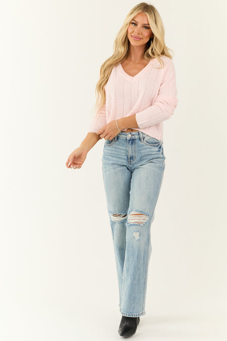 Blush Long Sleeve V Neck Textured Knit Sweater