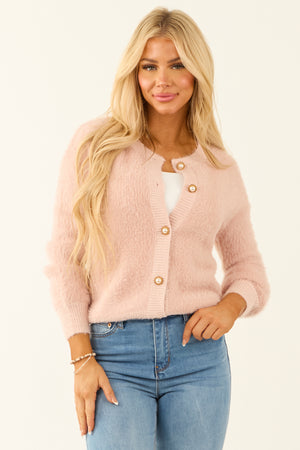 Blush Pearl Button Up Eyelash Knit Cardigan