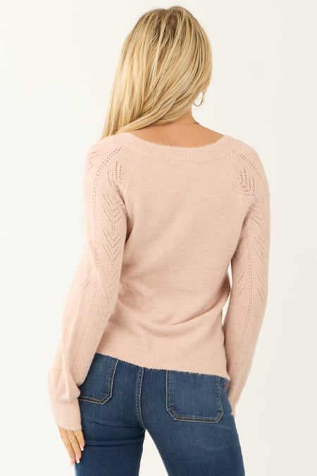 Blush Pointelle Balloon Sleeve V Neck Sweater