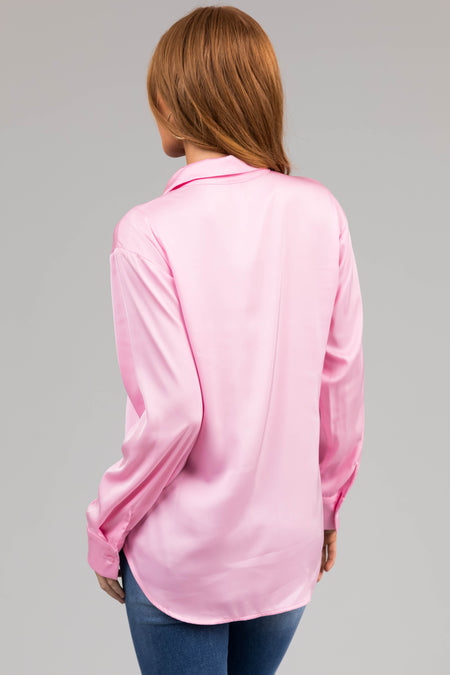 Blush Satin Button Front Collared Shirt