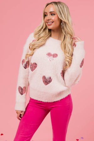 Blush Sequin Heart Fuzzy Sweater