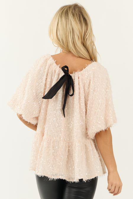 Blush Sequin Short Sleeve Bow Neckline Detail Top