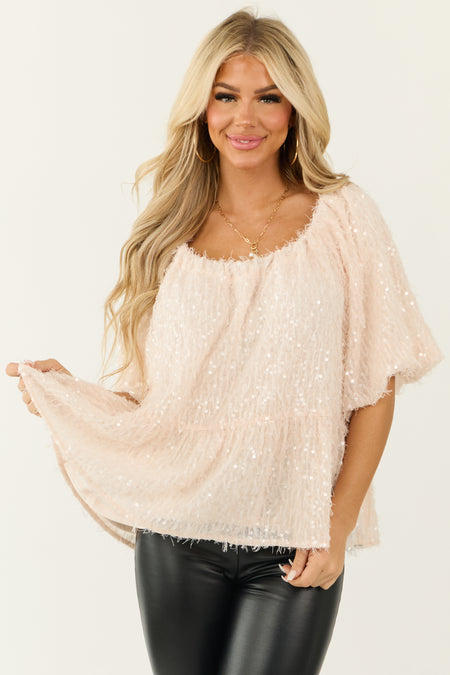 Blush Sequin Short Sleeve Bow Neckline Detail Top