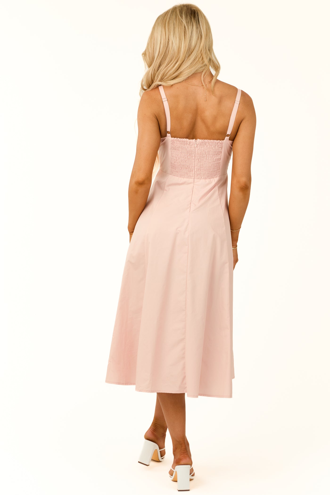 Blush Sleeveless Front Tie Smocked Midi Dress