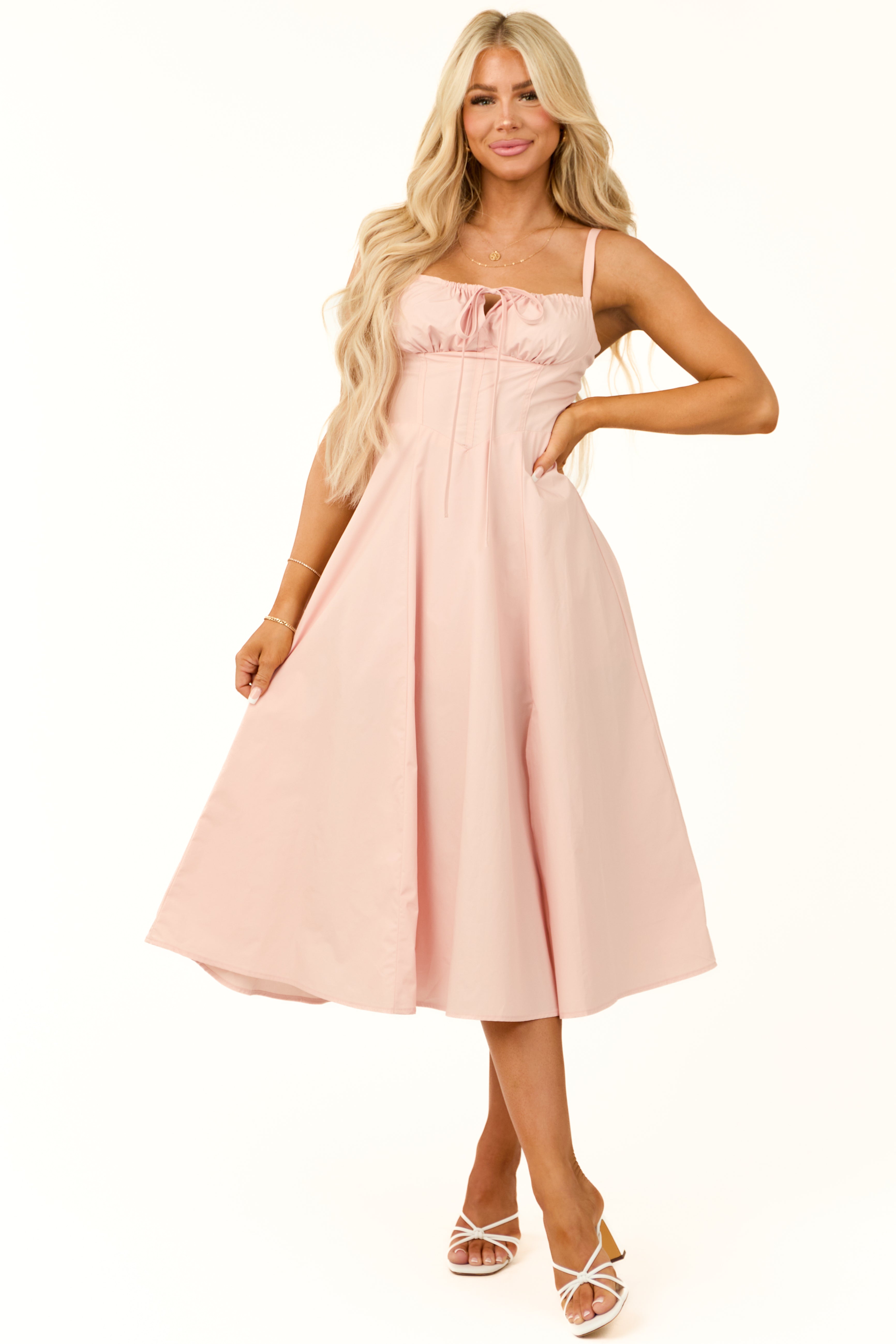 Blush Sleeveless Front Tie Smocked Midi Dress