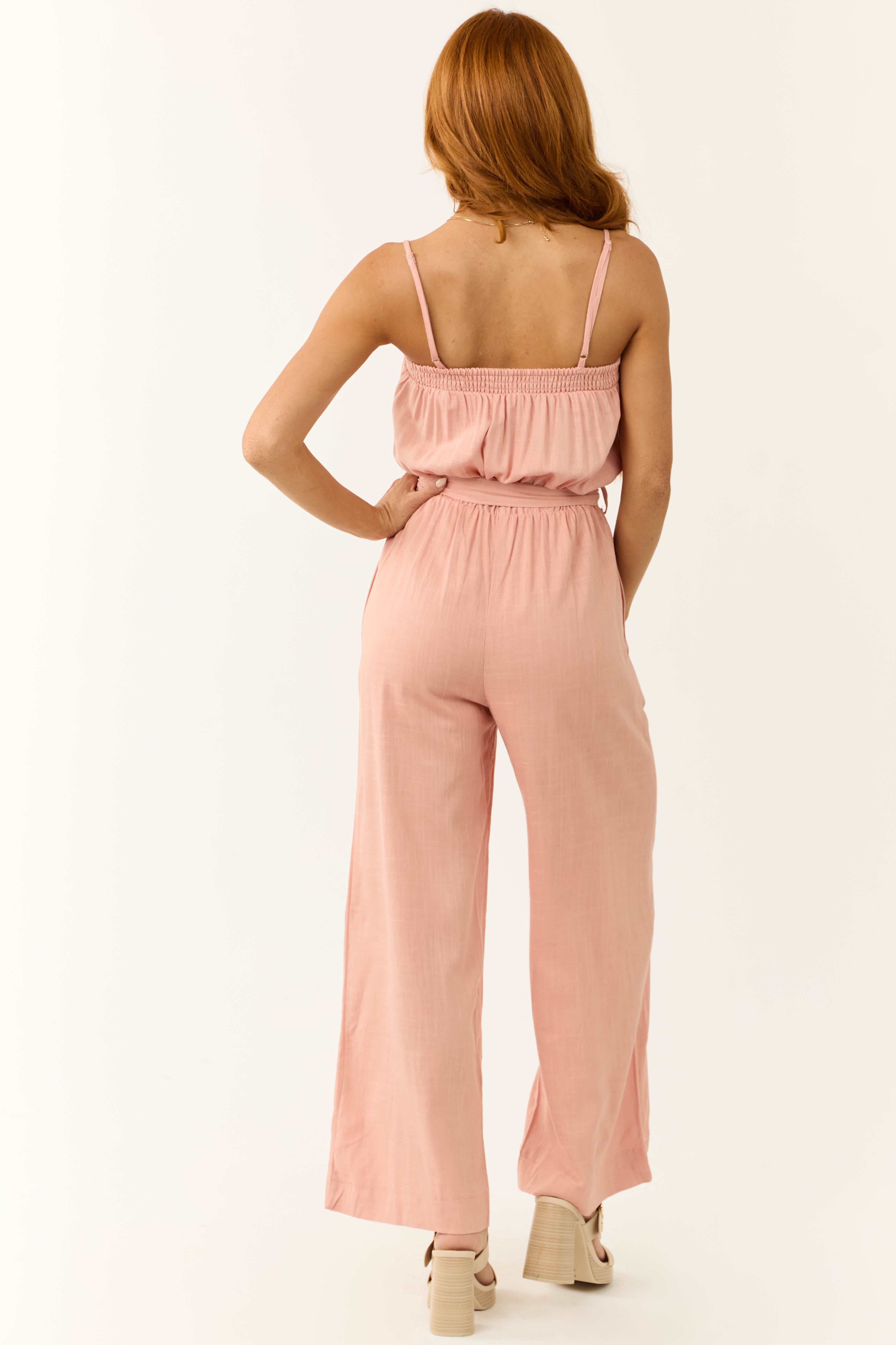 Blush Sleeveless Tie Waist Linen Jumpsuit