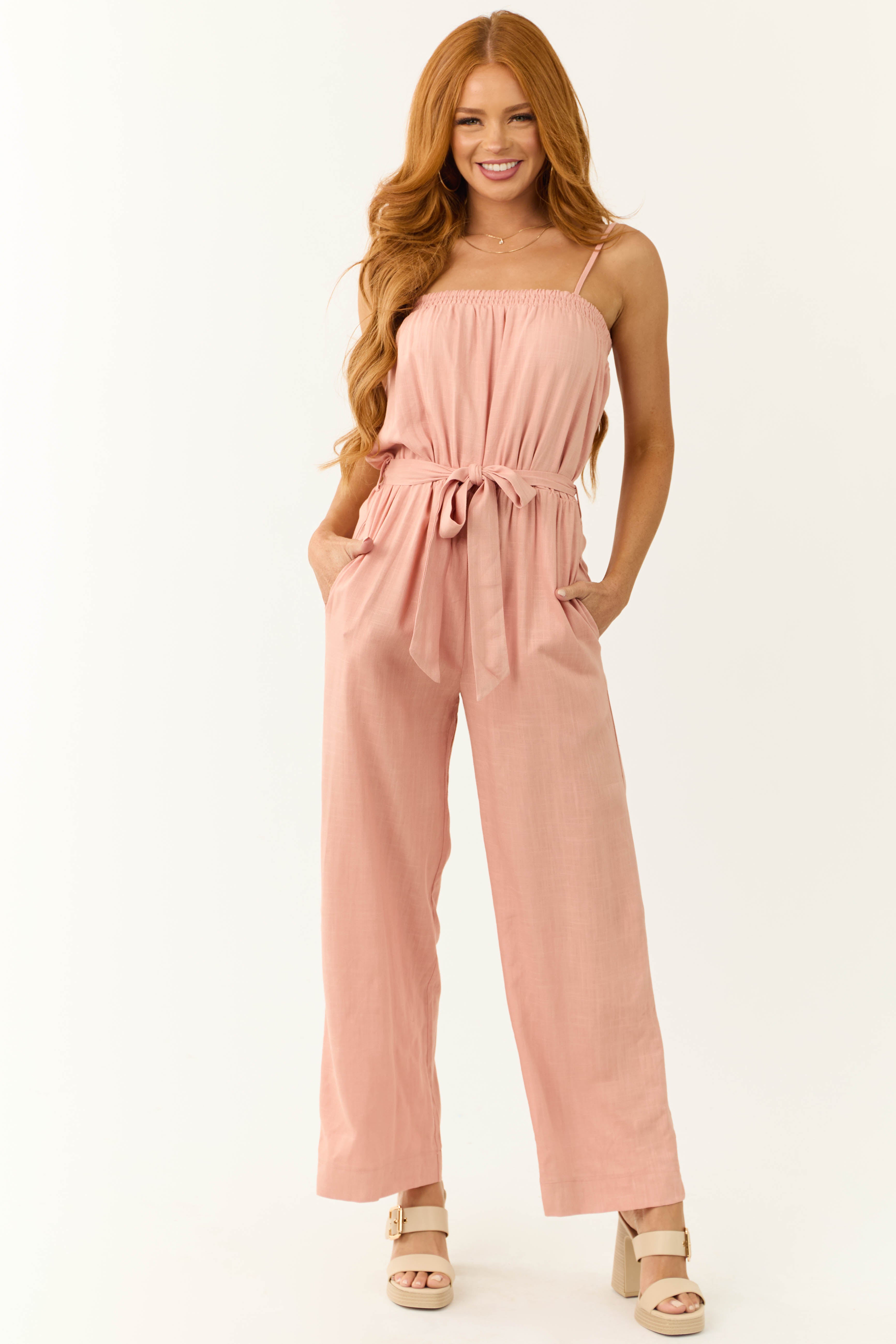 Blush Sleeveless Tie Waist Linen Jumpsuit